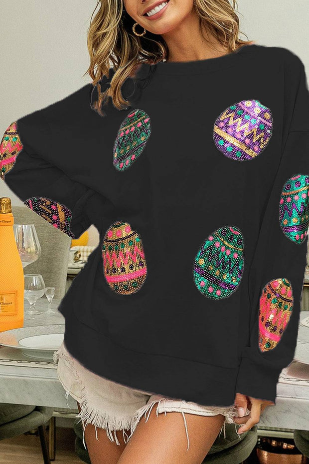 Easter Sequin Egg Print Drop Shoulder Oversized Sweatshirt - Black / L