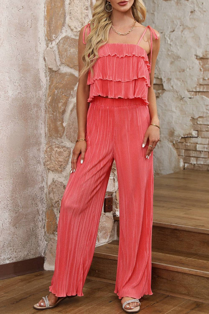 Layered Tie Shoulder Top and Wide Leg Pants Set - Coral / M