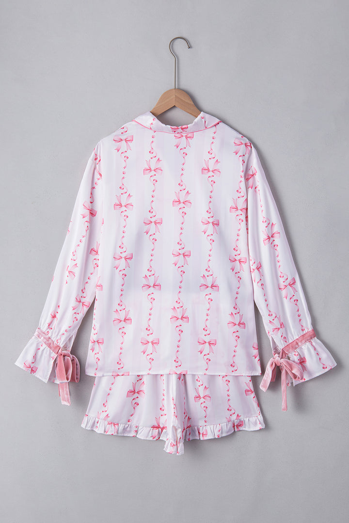 Pink Satin Bow Bell Sleeve Shirt and Ruffled Shorts Pajama Set