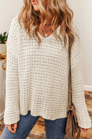 Hollow-out Crochet V Neck Sweater - White / 2XL / 100%Acrylic