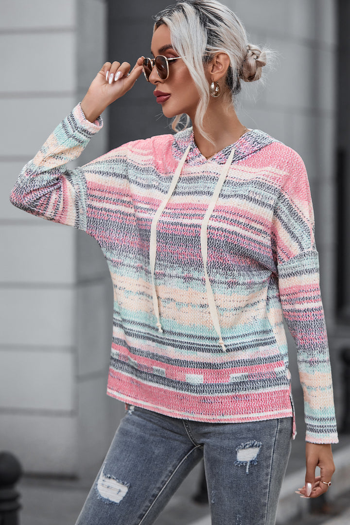 Multicolor Striped Print Cable Knit Drop Shoulder Hoodie