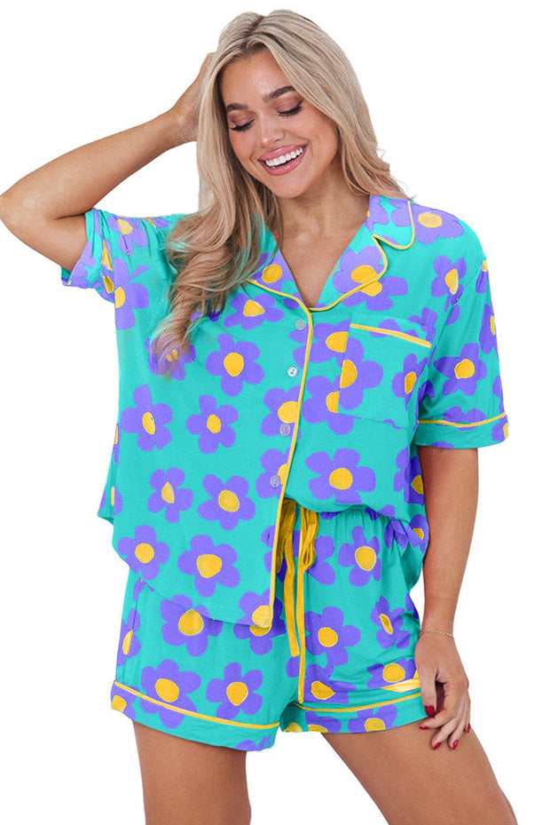 Green Flower Print Buttoned Shirt and Drawstring Waist Pajama Set -