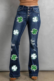 Blue Sequin Four Leaf Clover Graphic Frayed Flare Jeans -