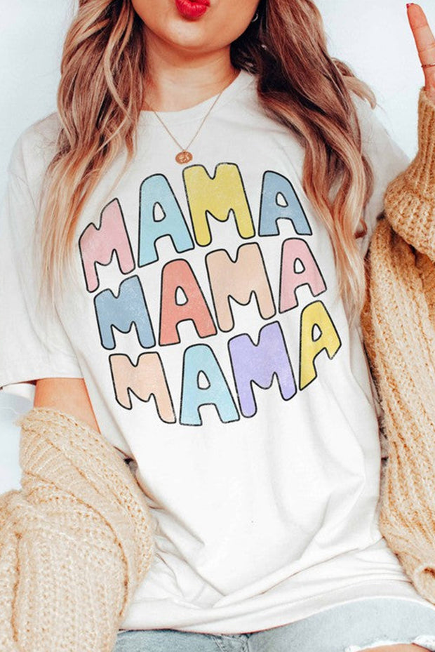 a woman wearing a white shirt with the words mama mama on it