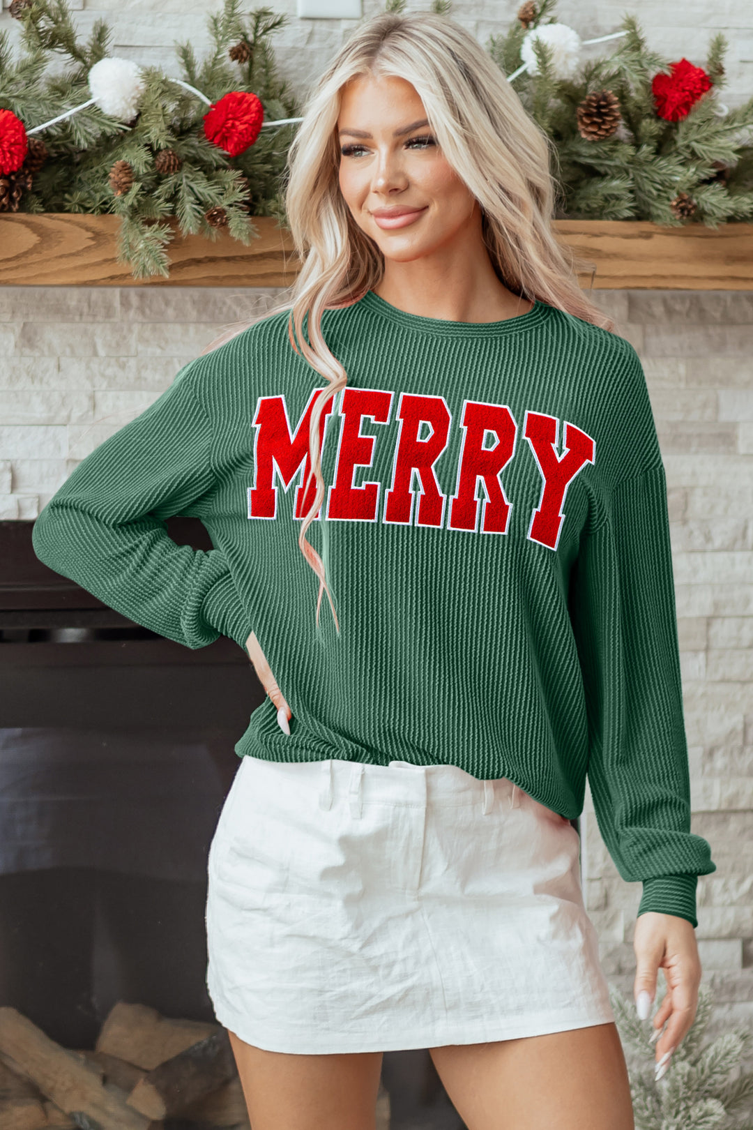 Twisted Rib Outlined Merry Letter Graphic Loose Long Sleeve Top