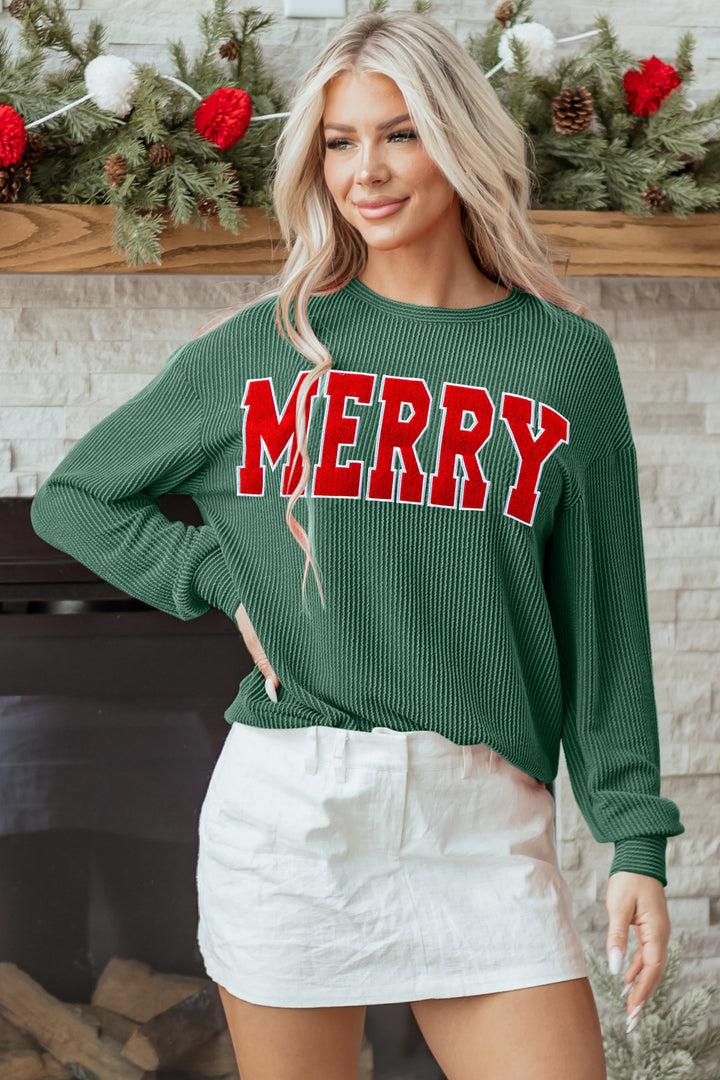 Twisted Rib Outlined Merry Letter Graphic Loose Long Sleeve Top