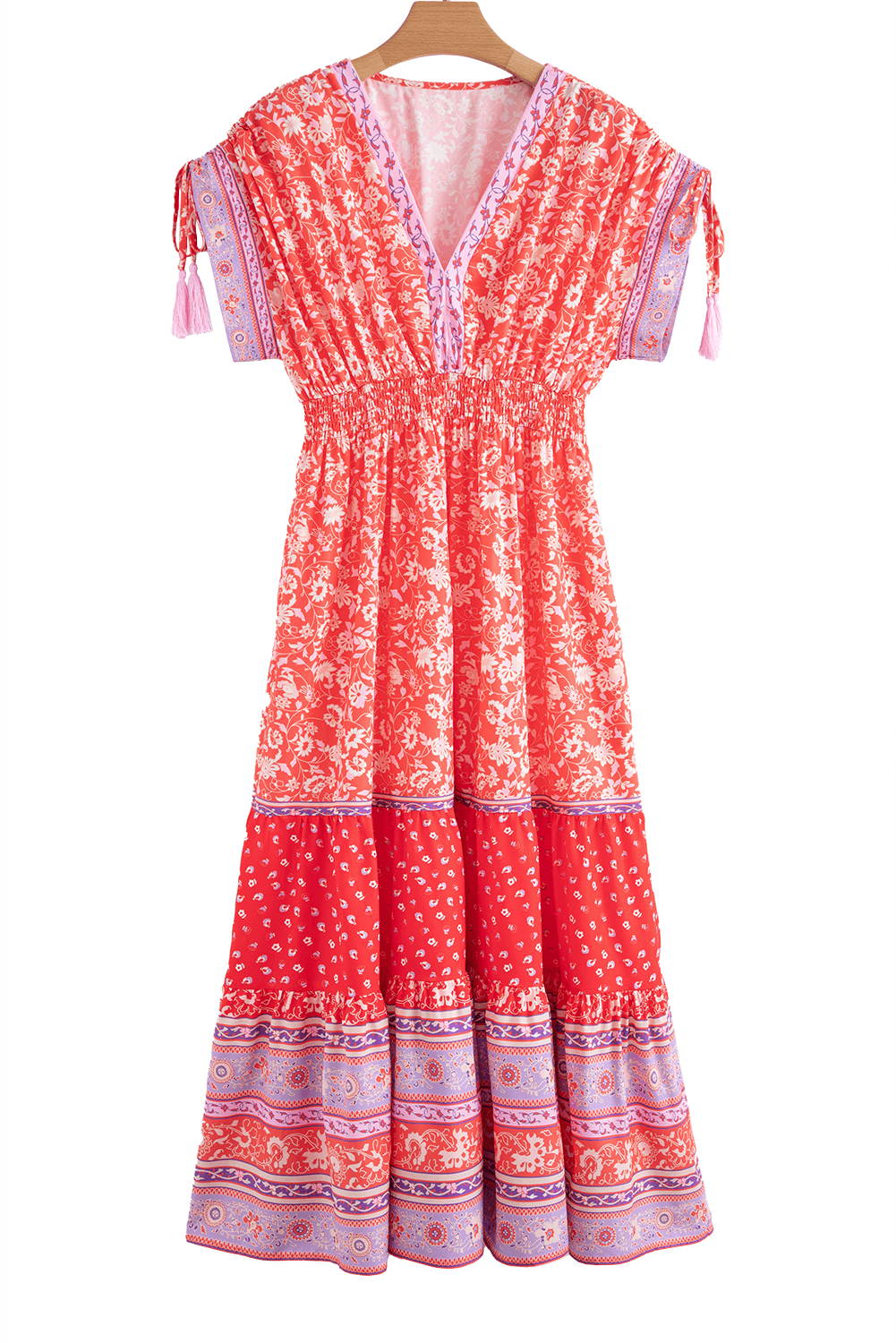 studio shot of Red Floral Print Tasseled Tied Sleeve Empire Waist Maxi Dress on hanger, showcasing full design and color palette