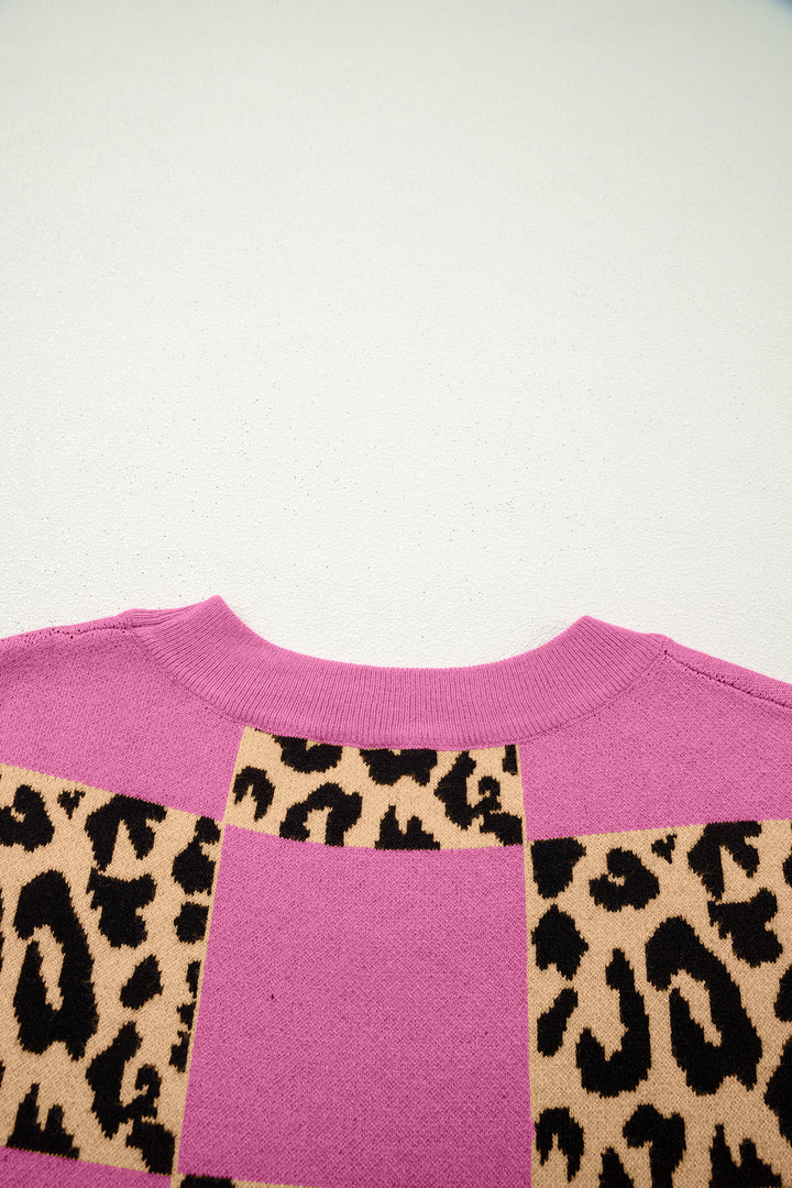 Leopard Checkerboard Short Sleeve Knit Sweater