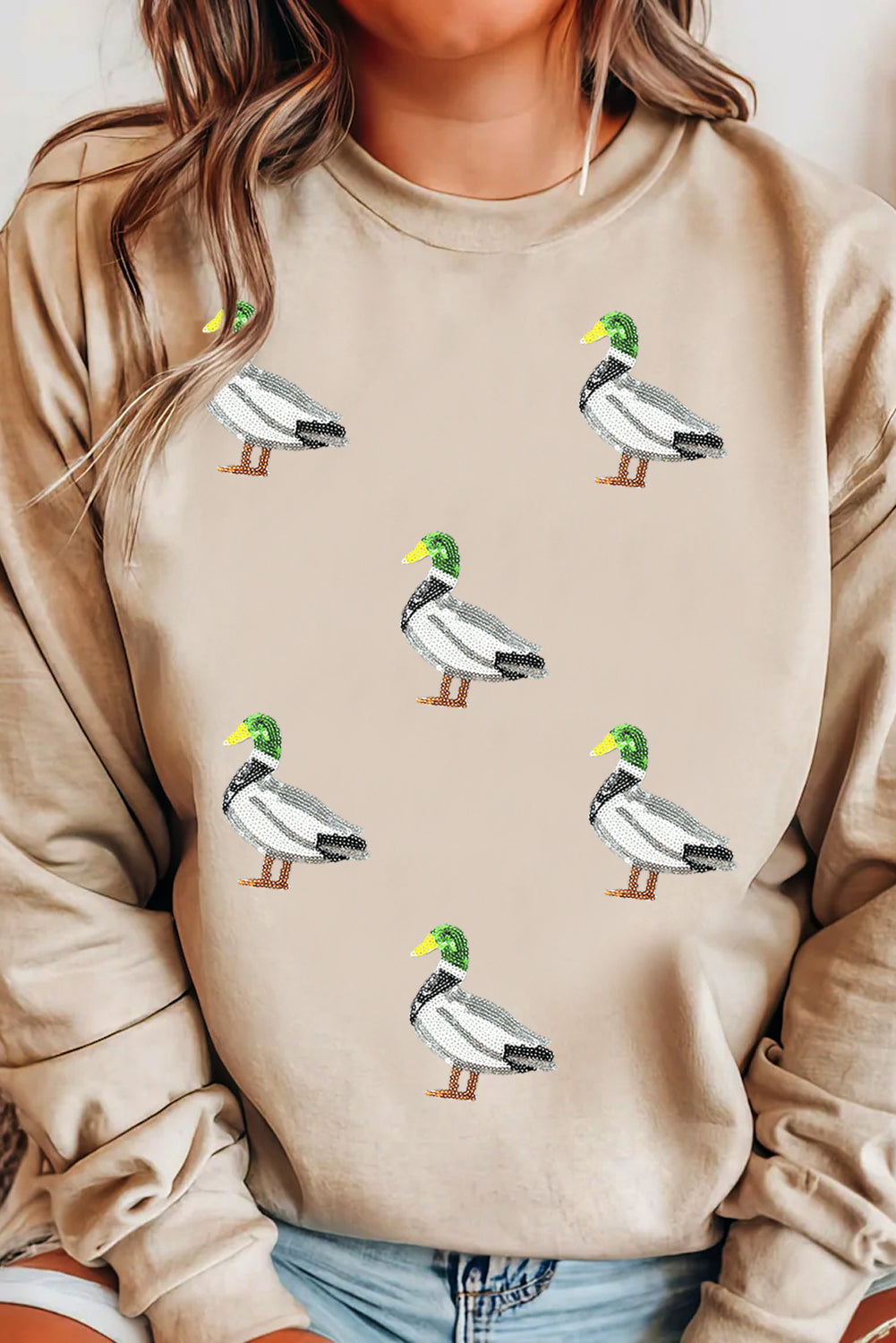 Khaki Sequin Mallard Duck Graphic Sequins Patch Baggy Sweatshirt