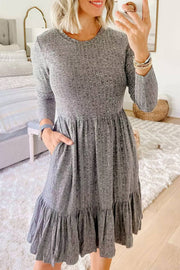Gray Pocket Ribbed Pleated Ruffle Hem Mini Dress -
