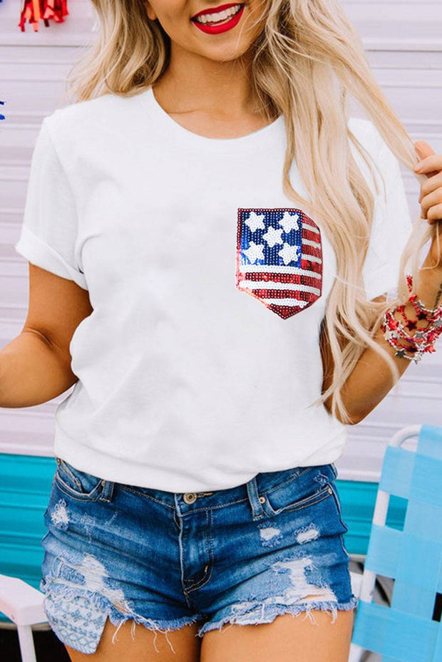 a woman wearing a white t - shirt with an american flag pocket