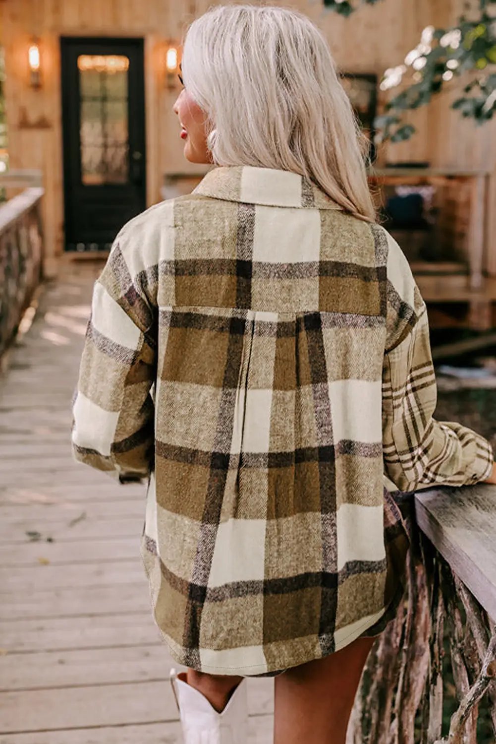 Parchment Contrast Plaid Patchwork Flap Pocket Shacket -