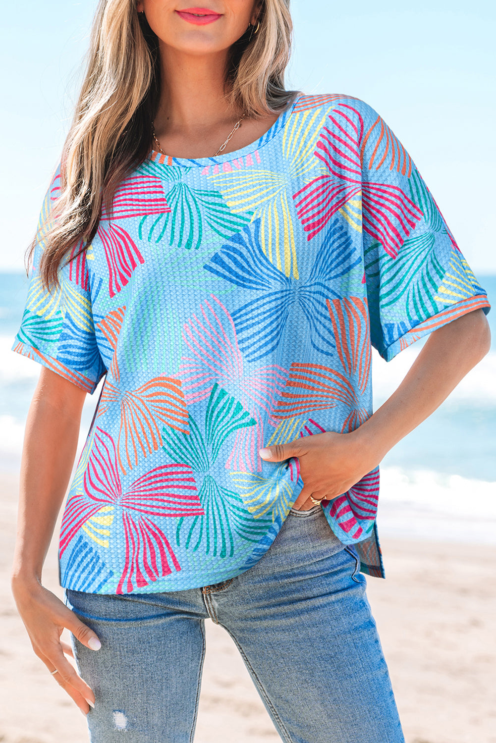 Bowknot Printed Waffle Crewneck Loose Short Sleeve Top