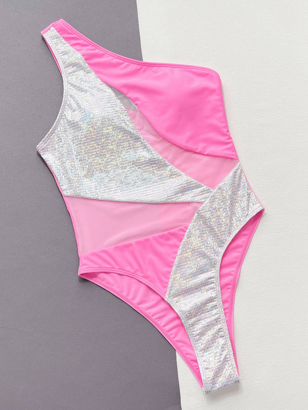 a pink and silver bikinisuit on a gray and white background