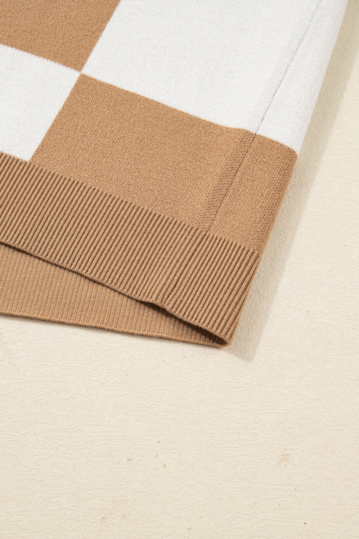 Light French Beige Plus Size Checkered Pattern Knit Short Sleeve Sweater