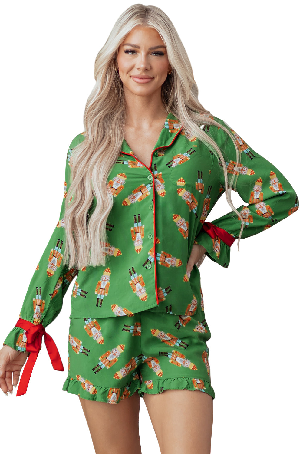 Green Christmas Candy Contrast Trim Bow Knot Silky 2pcs Pajama Set