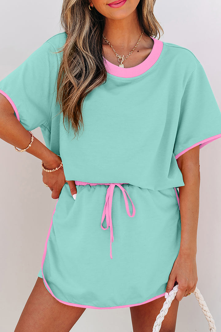 Colorblock Edge Drop Shoulder T Shirt and Skort 2Pcs Set