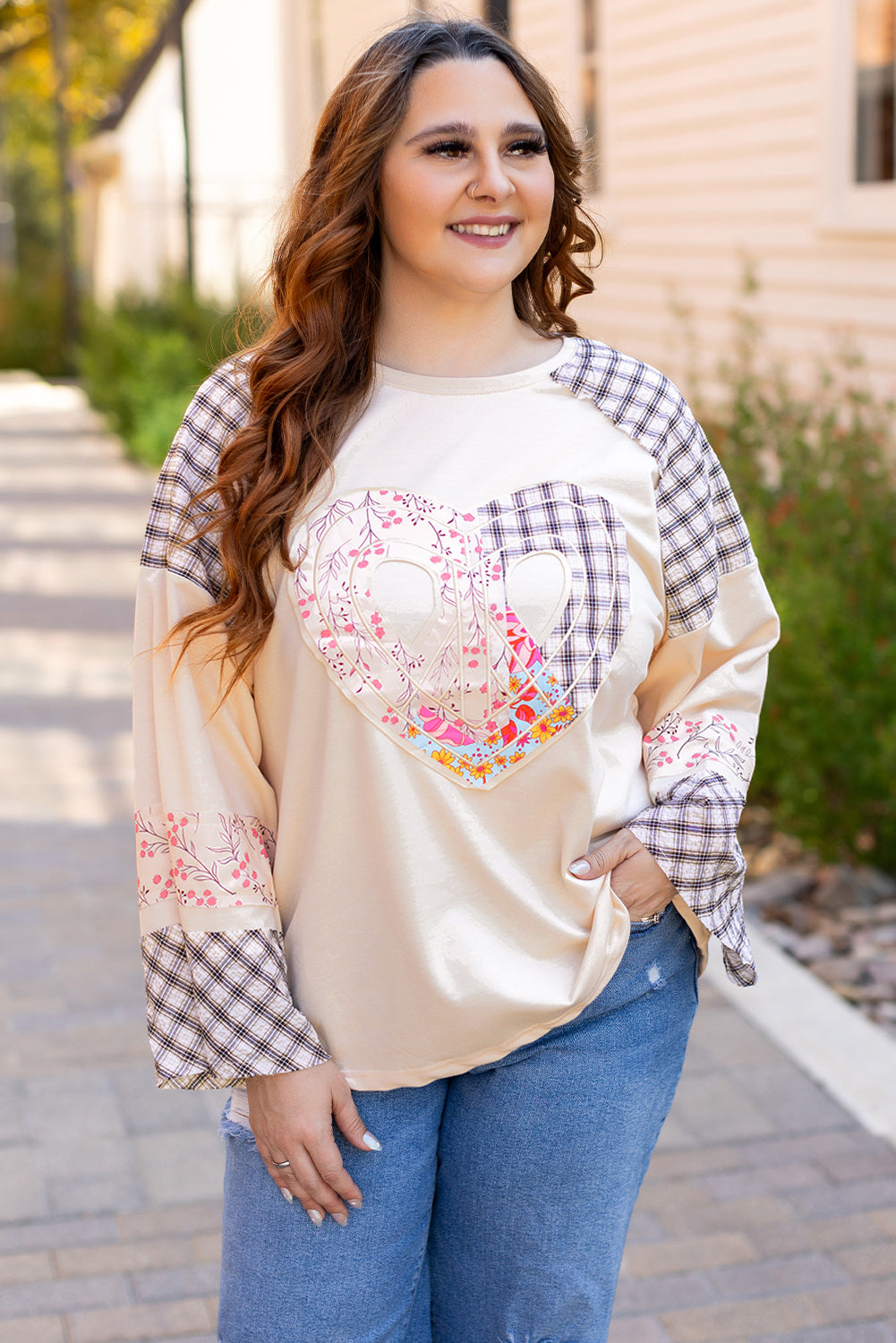 Plaid Floral Peace Heart Graphic Wide Long Sleeve Top