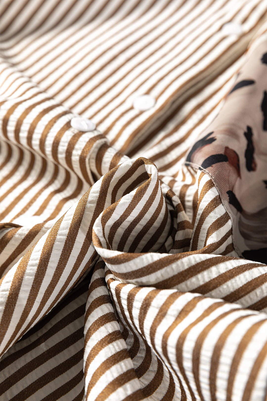 Brown Stripe Leopard Patched Collared Chest Pocket Cuffed Long Sleeve Plus Size Shirt