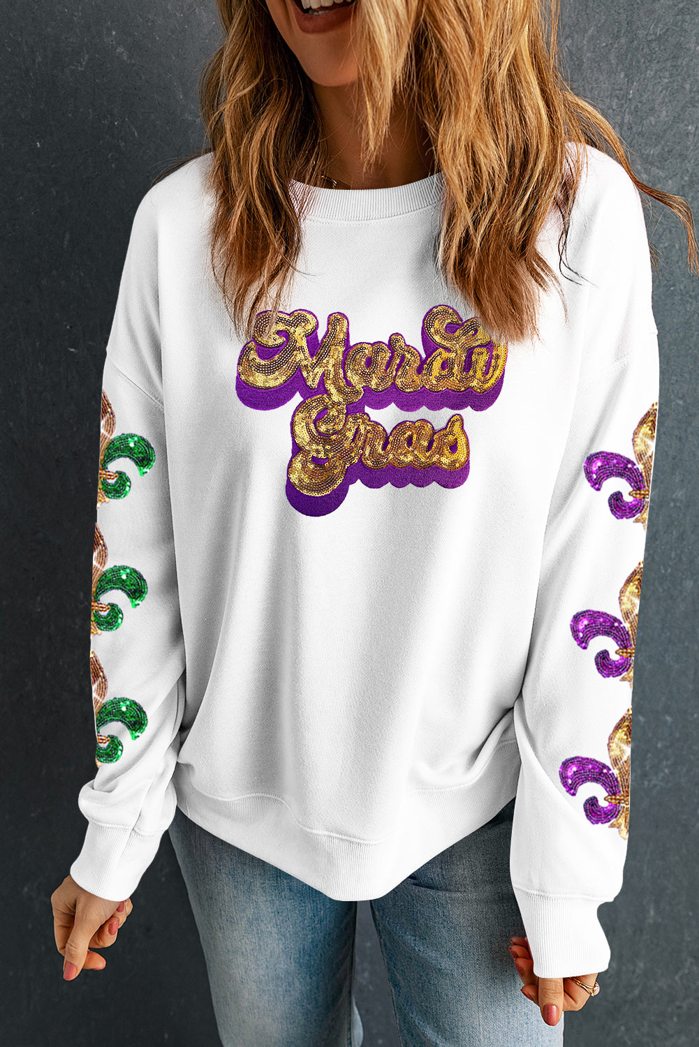 Beige Mardi Gras Patched Pattern Fleur de Lis Sleeve Sweatshirt