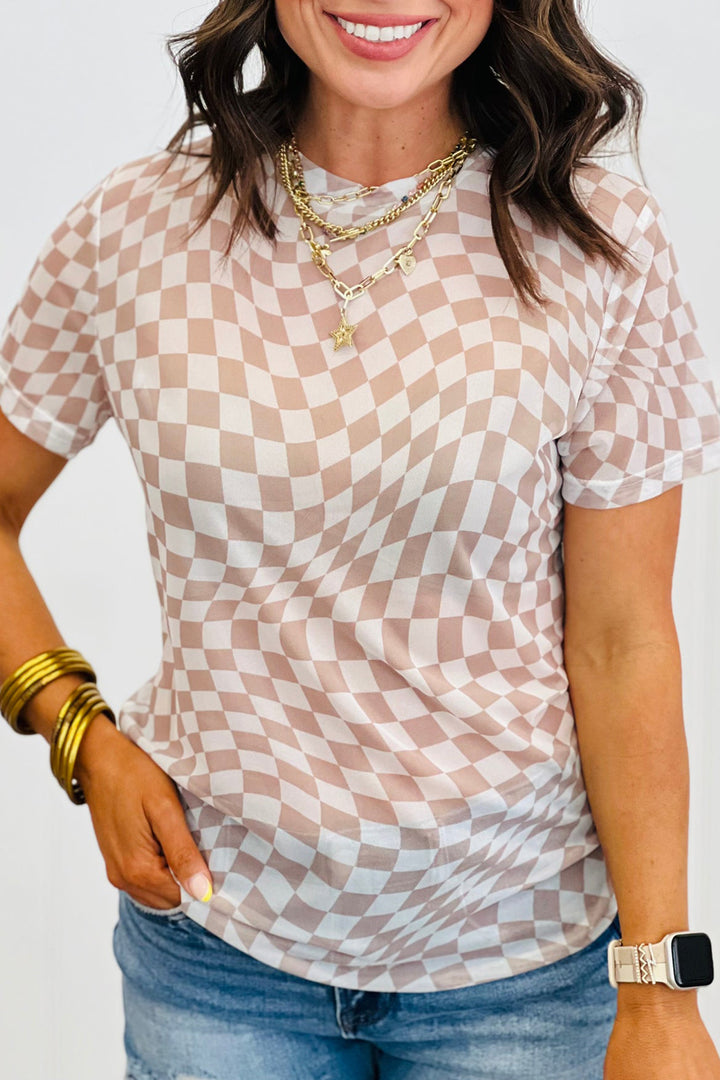 Checkered Print Mock Neck Mesh T Shirt