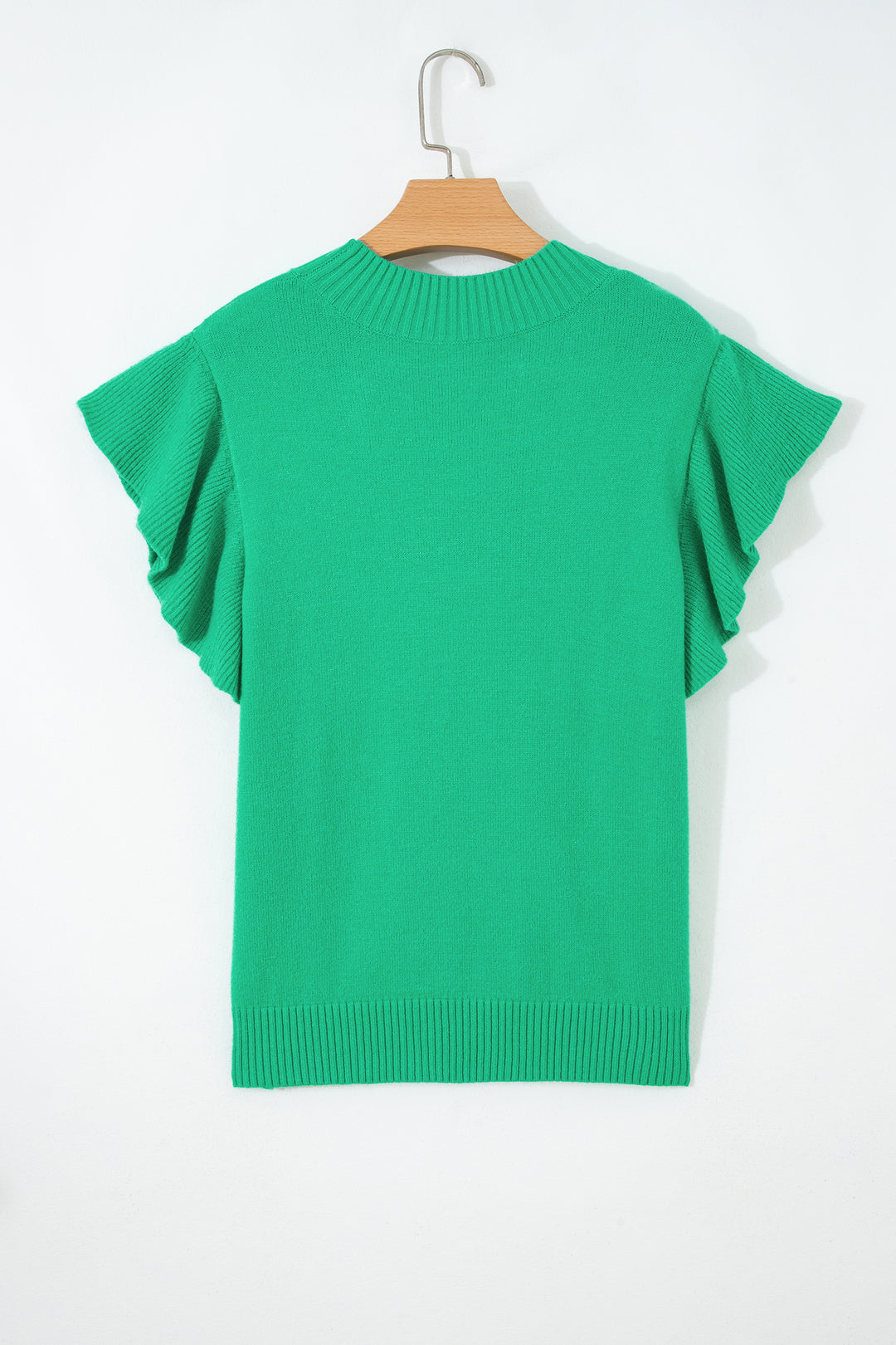 Solid Color Ribbed Trim Round Neck Ruffle Short Sleeve Sweater