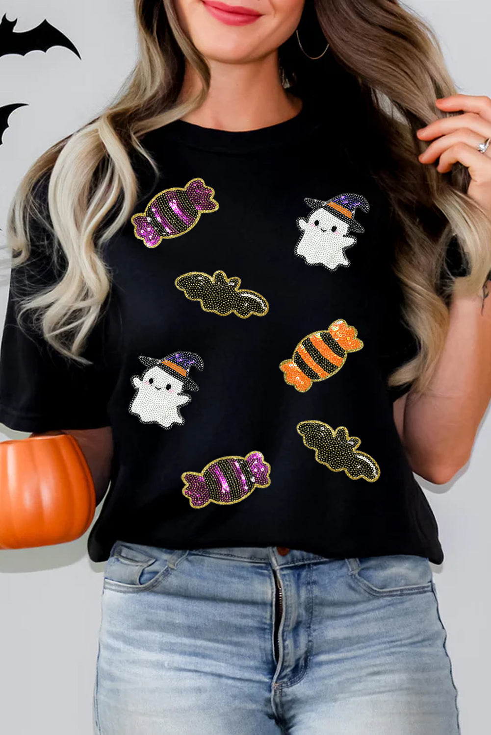 Sequined Halloween Spirit Pattern Patched Custom Casual Tee
