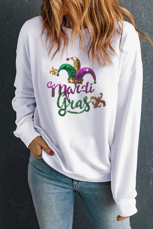 White Mardi Gras Sequined Graphic Drop Shoulder Sweatshirt -