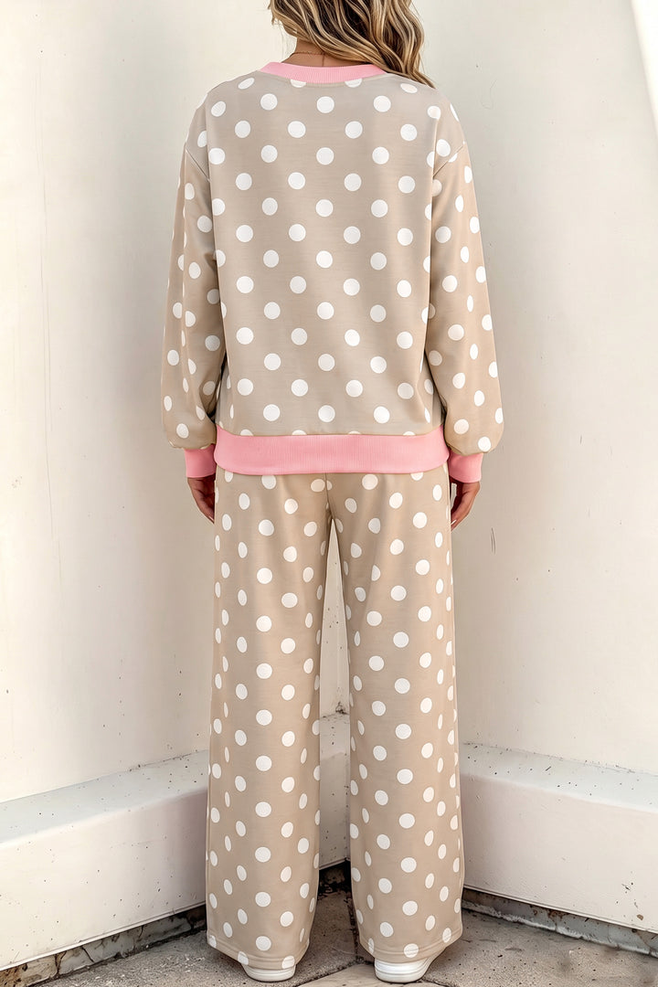 Khaki Polka Dot Contrast Trim Long Sleeve Top Drawstring Shift Pants Set