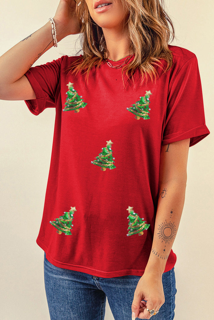 Red Sequin Christmas Tree Graphic Crewneck T Shirt