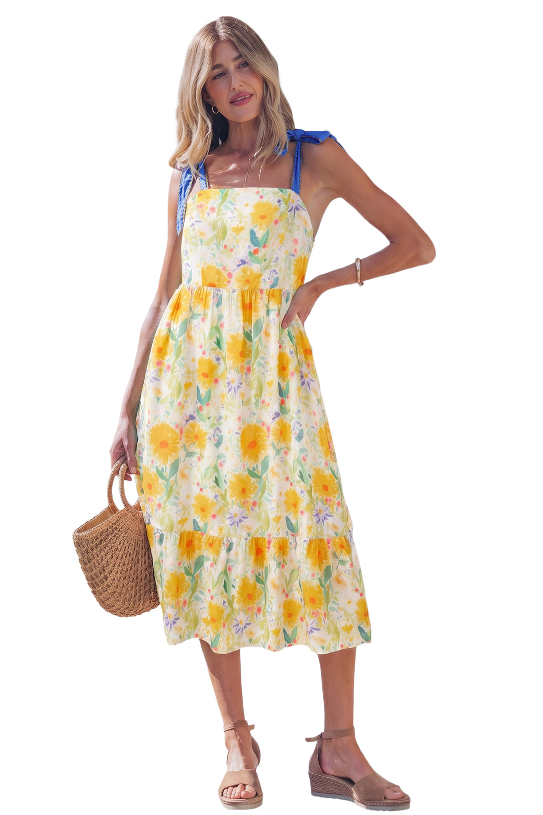Floral Print Contrast Stitched Knot Denim Straps High Waist Dress