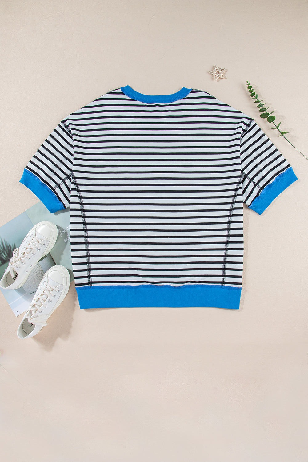 Stripe Oversized Contrast Trim Exposed Seam High Low T Shirt