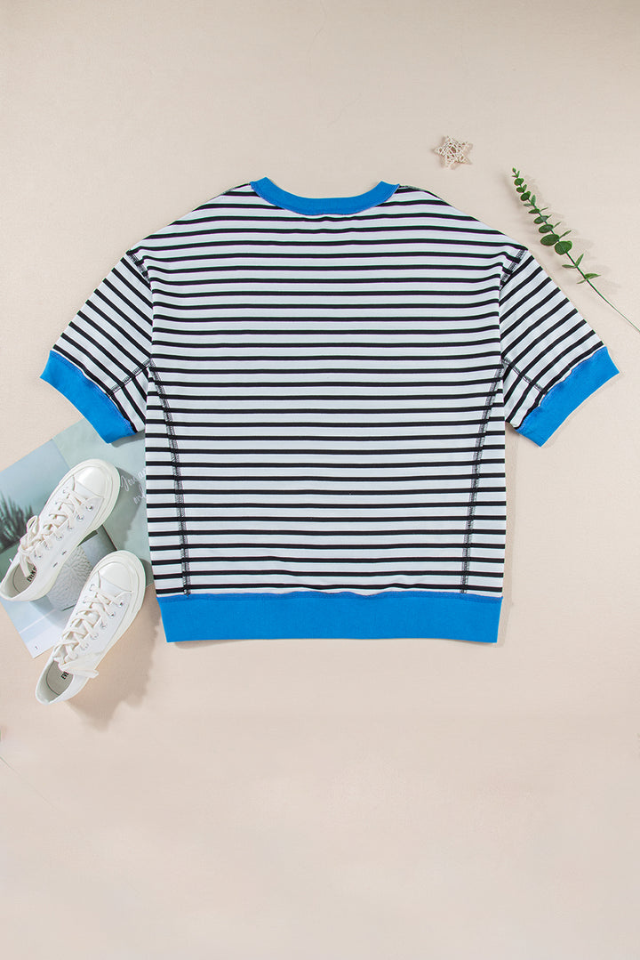 Stripe Oversized Contrast Trim Exposed Seam High Low T Shirt