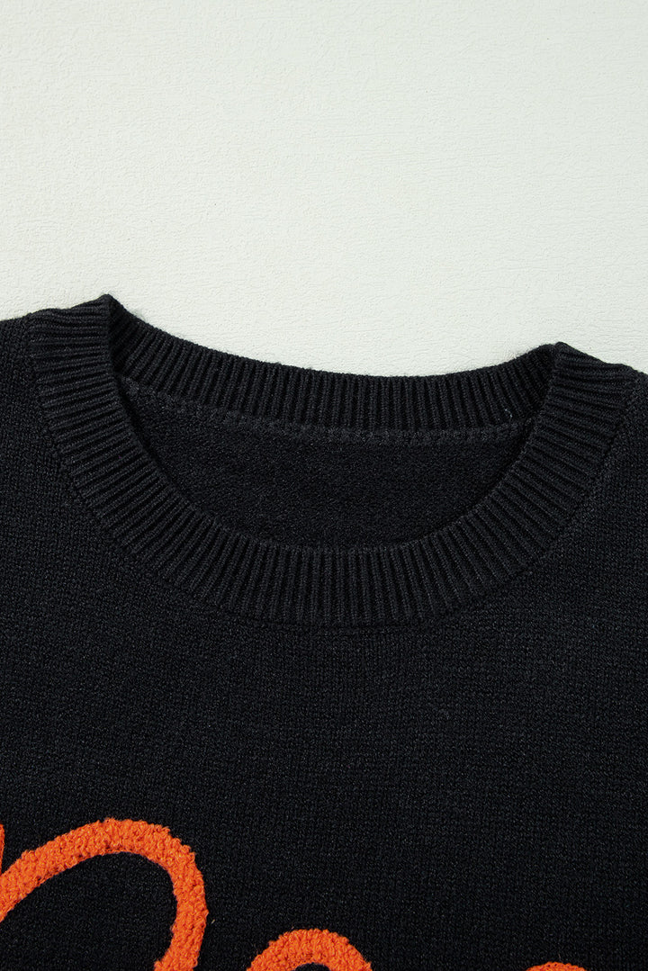 Boo Knitted Pattern Ribbed Edge Drop Shoulder Sweater