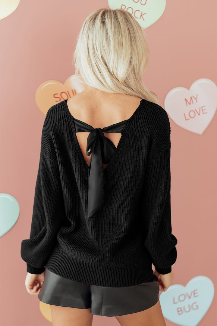 Ribbed Knit Ribbon Knot Backless Drop Shoulder Sweater