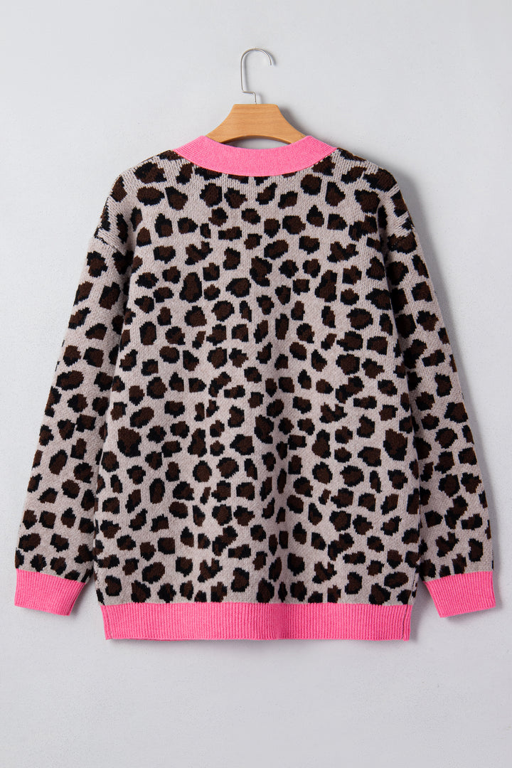 Khaki Oversize Color Block Trim Button Down Leopard Print Cardigan