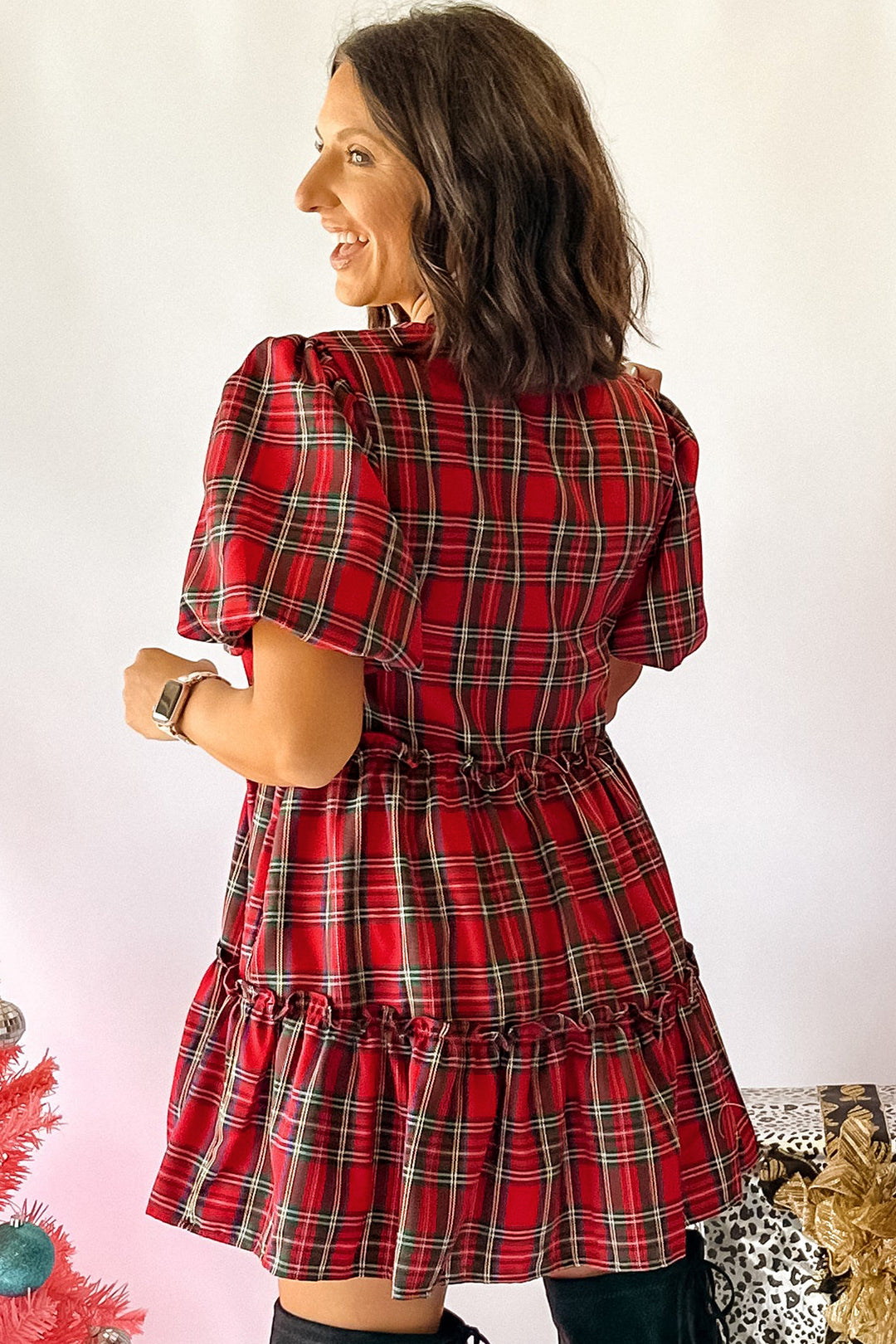 Red Plaid Knot Neck Short Sleeve Mini Shift Dress