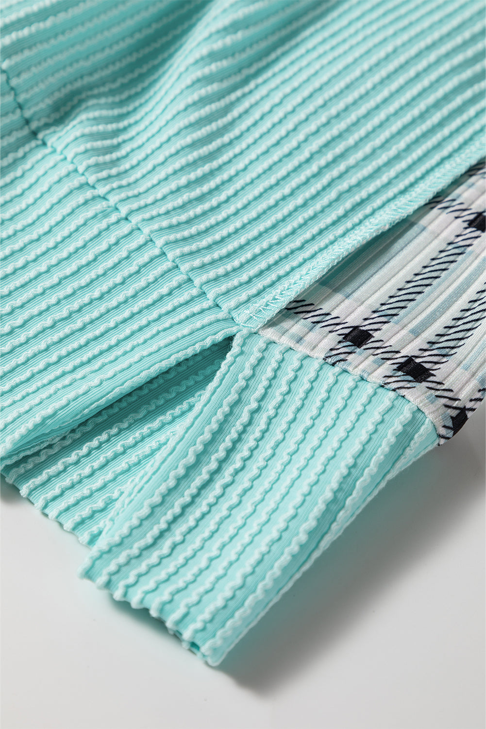 Aruba Blue Corded Texture Plaid Colorblock Patchwork Split Neck Long Sleeve Top