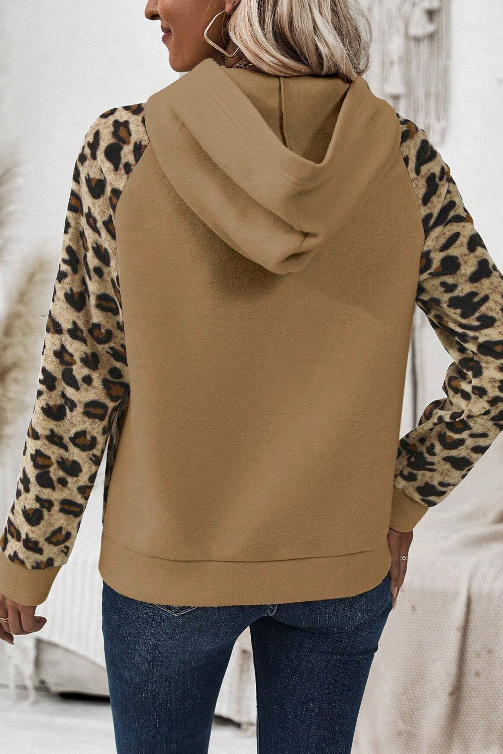 Leopard Print Patchwork Raglan Sleeve Half Buttons Hoodie