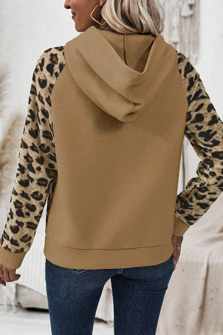 Leopard Print Patchwork Raglan Sleeve Half Buttons Hoodie