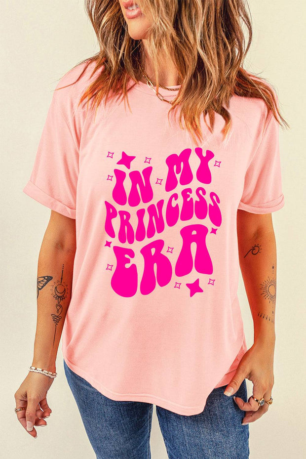 Pink IN MY PRINCESS ERA Letter Graphic Roll Up Sleeve Tee -