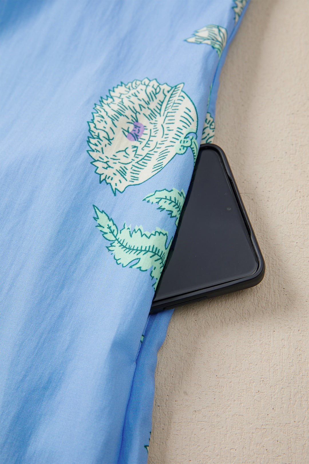 Sky Blue Plus Periwinkle Floral Printed Short Sleeve Striped Trim Split Neck Mini Dress