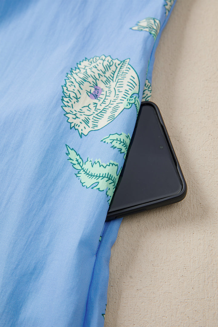 Sky Blue Plus Periwinkle Floral Printed Short Sleeve Striped Trim Split Neck Mini Dress