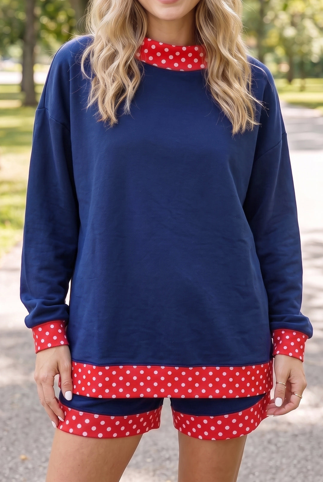 Polka Dot Trim Baggy Pullover 2pcs Short Set