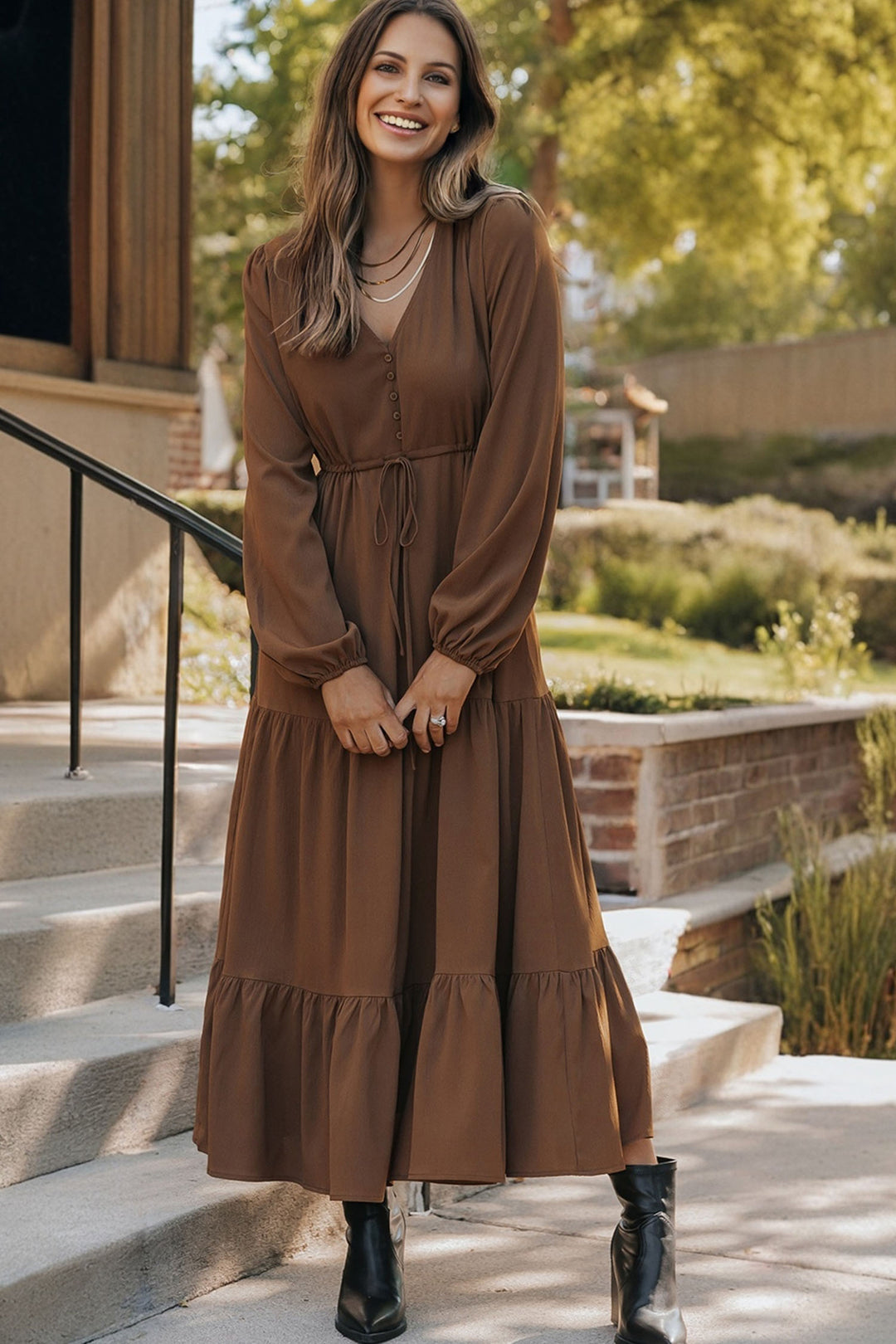 Solid color Long Sleeve Button V Neck Tiered Maxi Dress