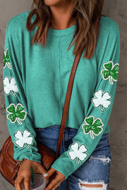 Sequin St Patrick Clover Patched Graphic Long Sleeve Tee