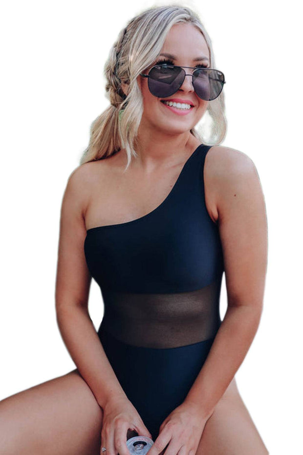 Black Single Shoulder Mesh Patchwork One-piece Swimwear -