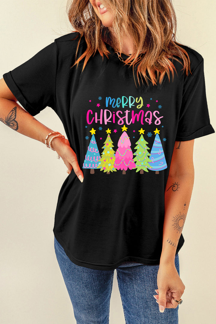 Black Merry Christmas Trees Print Crew Neck Loose T Shirt