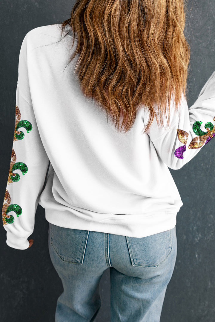 Beige Mardi Gras Patched Pattern Fleur de Lis Sleeve Sweatshirt