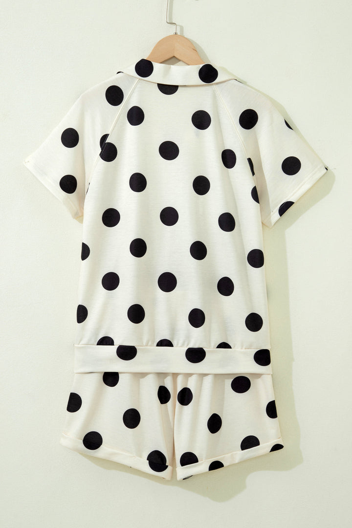Polka Dot Print V Neck Tee Short Set